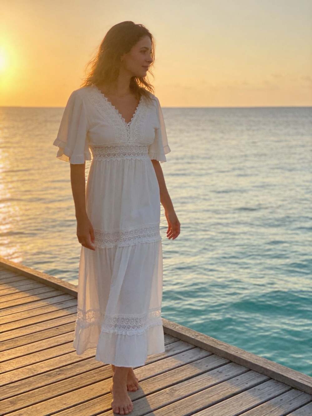 Collection by Cezelle White Lace Trim Boho Maxi Dress Size S